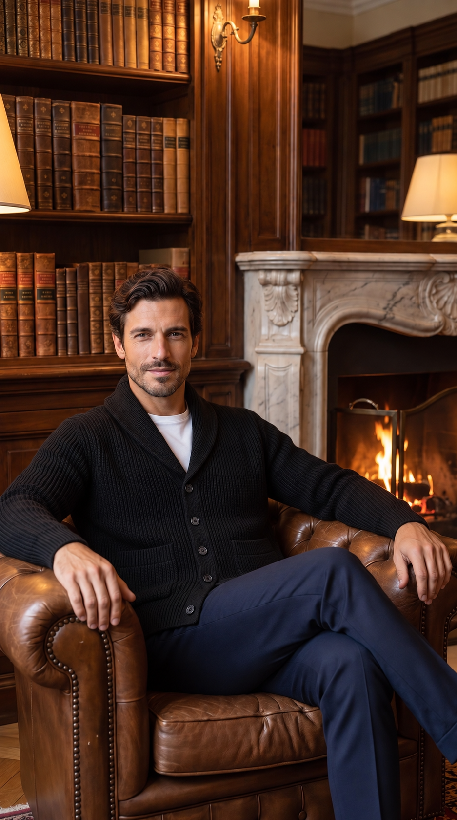Cardigan nero da uomo con collo a scialle, abbottonato, seduto su una poltrona in pelle in una biblioteca