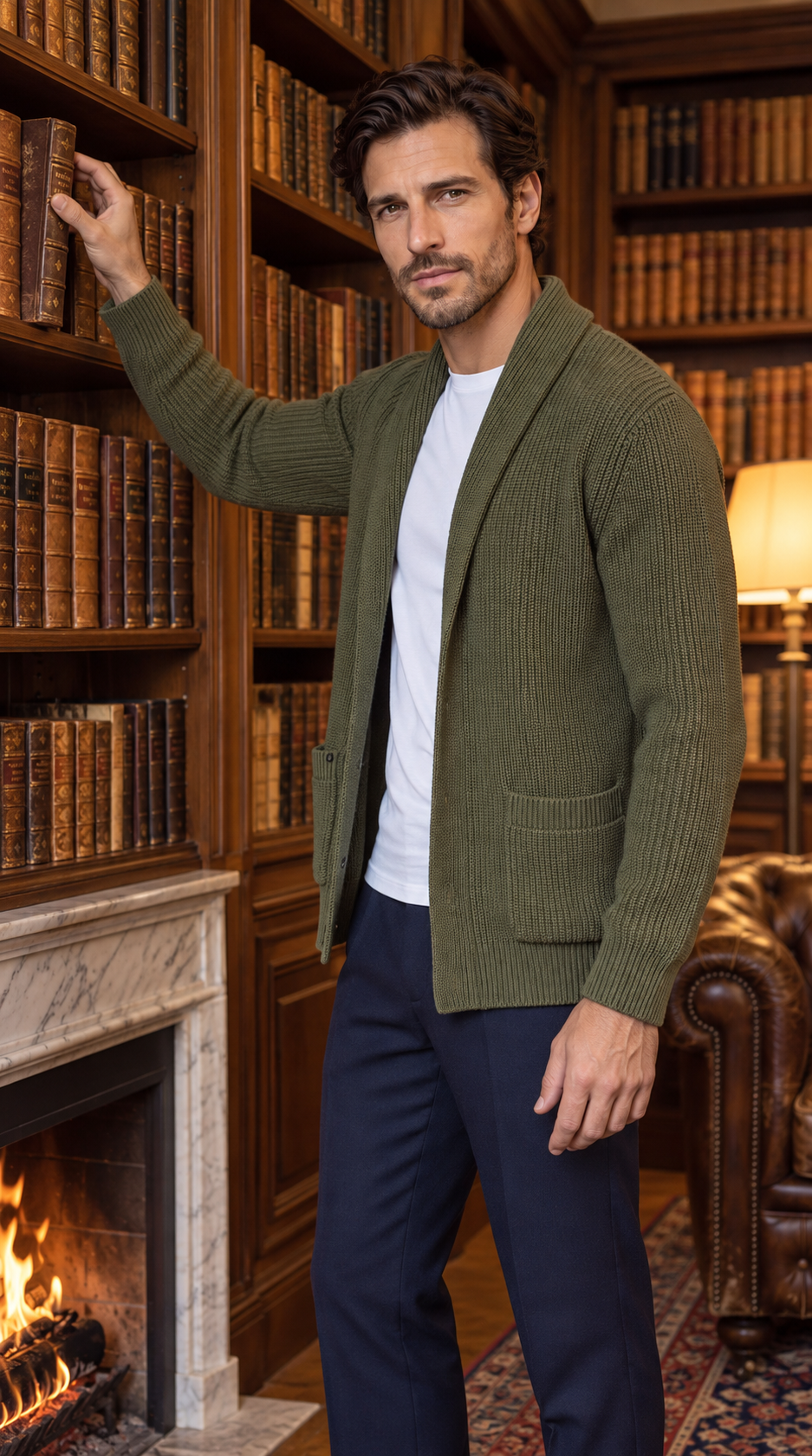 Cardigan verde oliva da uomo con collo a scialle, aperto, mentre prende un libro dalla libreria
