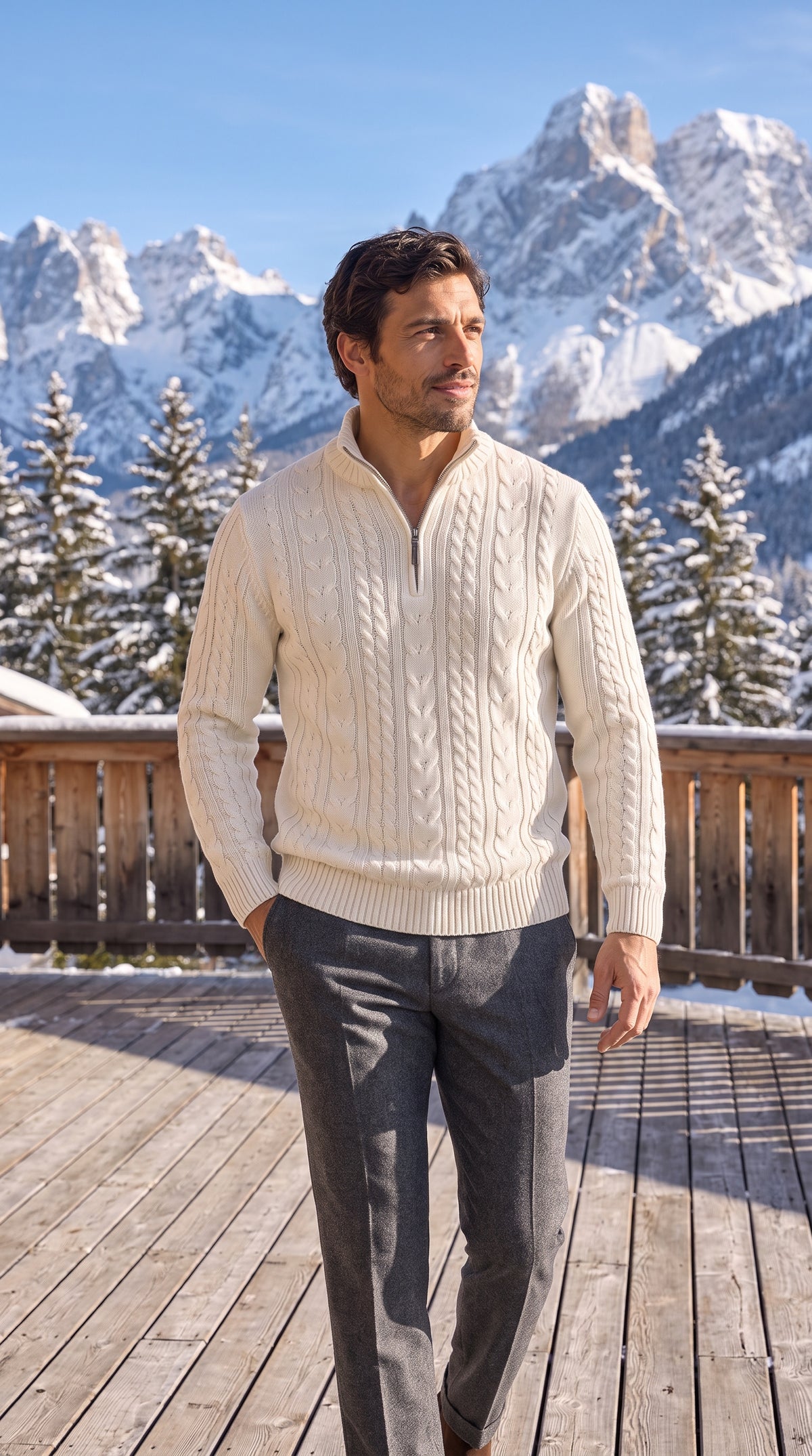 Maglione panna da uomo a trecce con collo alto e mezza zip, su una terrazza di montagna con le Dolomiti innevate