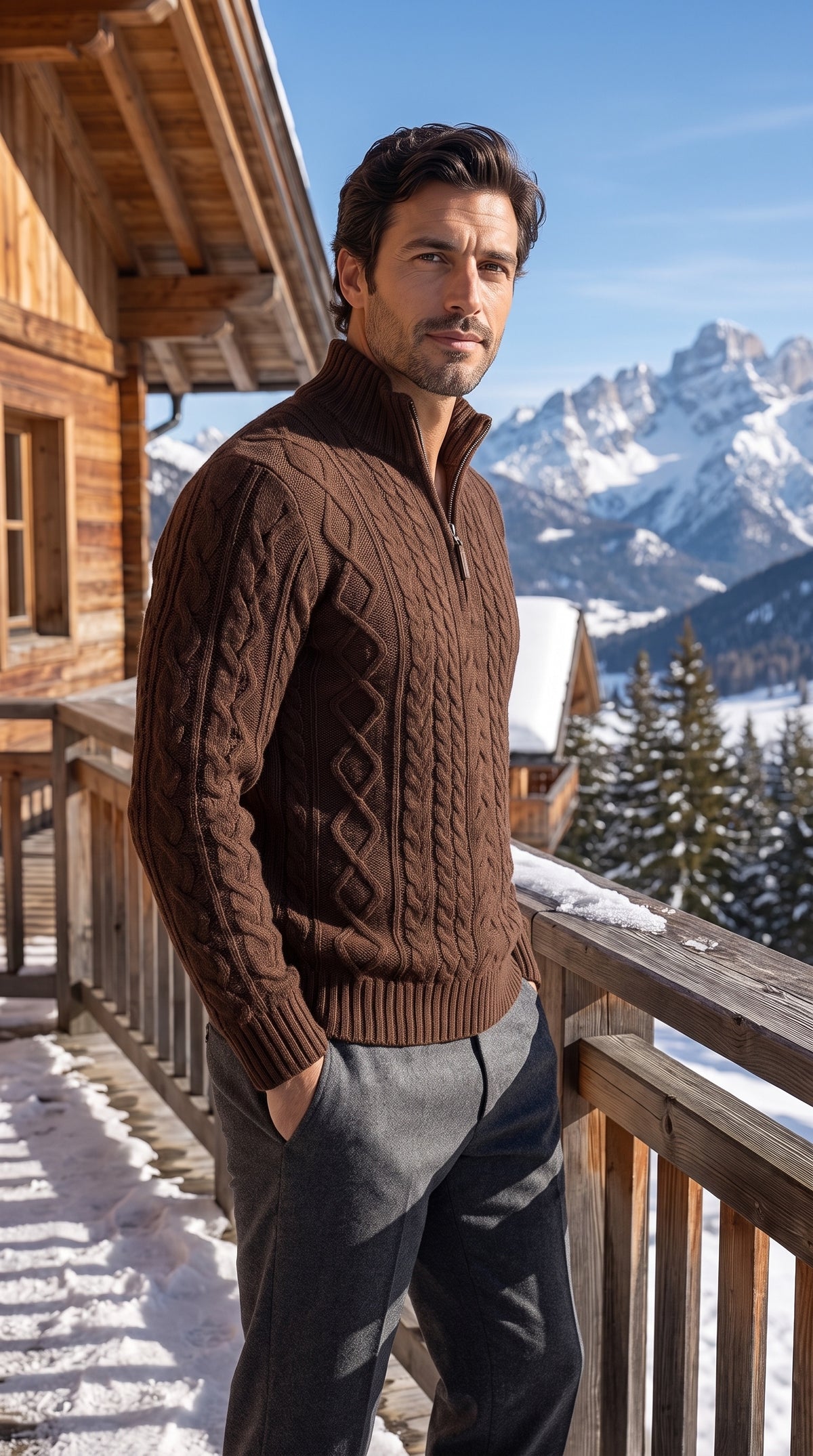 Maglione color tabacco da uomo a trecce con collo alto e mezza zip, su una terrazza di montagna con le Dolomiti innevate